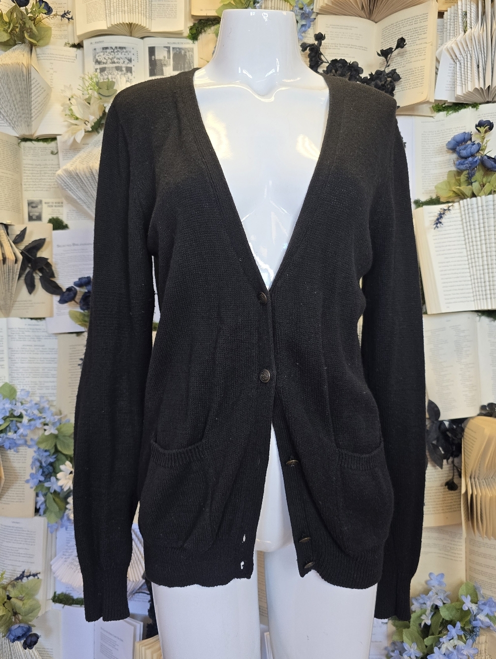 Forever 21 Faux Suede Elbow Patch Button Cardigan MED Black&Tan
